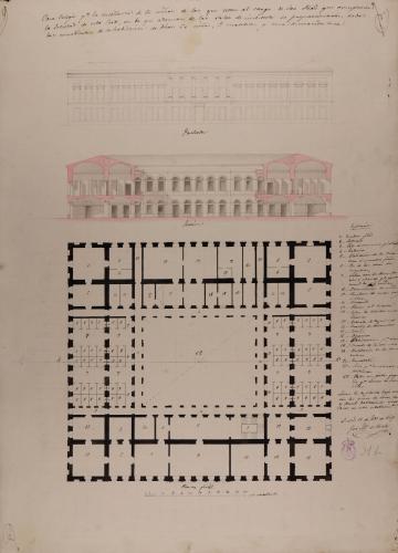 Planta, alzado de la fachada principal y sección AB de una casa colegio para la enseñanza de 60 niñas