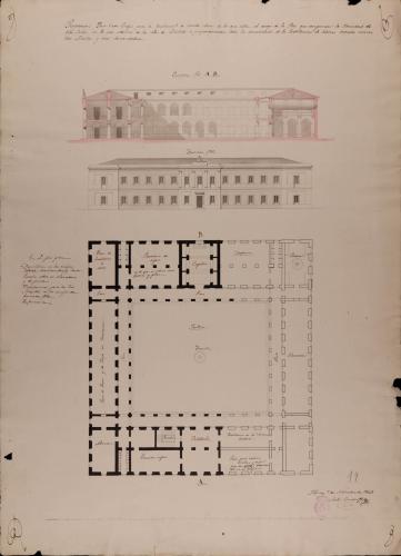 Planta, alzado de la fachada principal y sección AB de una casa colegio para la enseñanza de 60 niñas