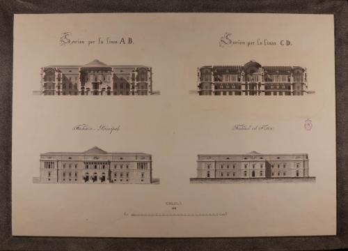 Alzado de las fachadas principal y posterior, y secciones AB y CD de una Real biblioteca para edificarse en la manzana 405, comprendida entre la calle de la Bola, plazuela de la Encarnación y bajada de Santo Domingo