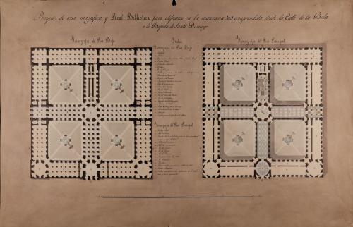 Planta baja y principal  de una real biblioteca para edificarse en la manzana 405, comprendida entre la calle de la Bola, la plazuela de la Encarnación y la bajada de Santo Domingo