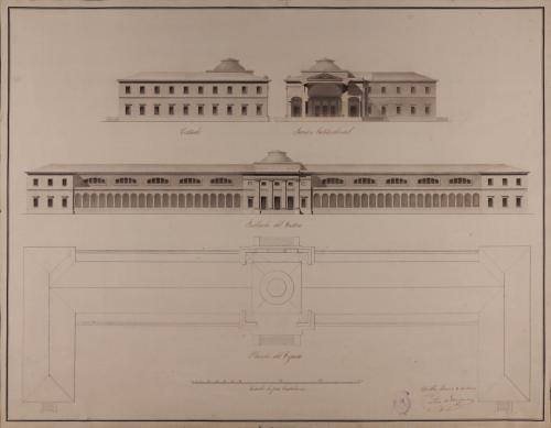 Planta de cubiertas, alzado de la fachadas posterior y principal, y sección de una biblioteca general