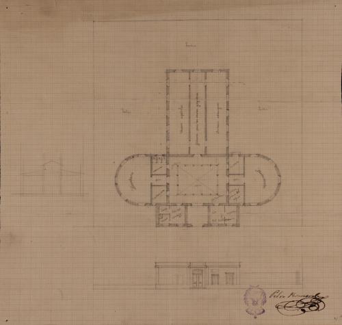 Croquis de la planta, alzado de la fachada principal y sección de una biblioteca