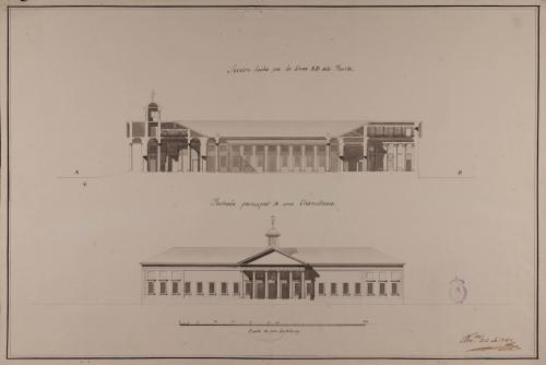 Alzado de la fachada principal y sección AB de una cancillería