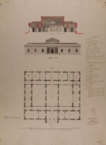 Planta, alzado de la fachada principal y sección AB de una casa tribunal y habitación para un magistrado, alcalde de corte o ministro de una audiencia, con juzgado de 1ª instancia