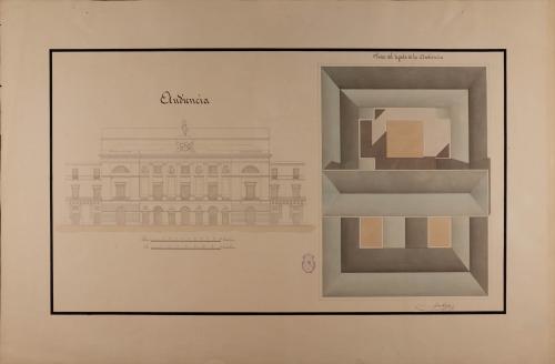 Planta de tejados y alzado de la fachada principal de una Audiencia