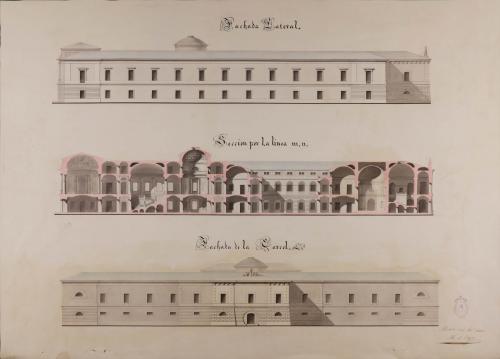Alzado de las fachadas lateral y de la cárcel y sección mn
