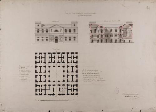 Planta, alzado de la fachada principal y sección AB de una cárcel incombustible con juzgado
