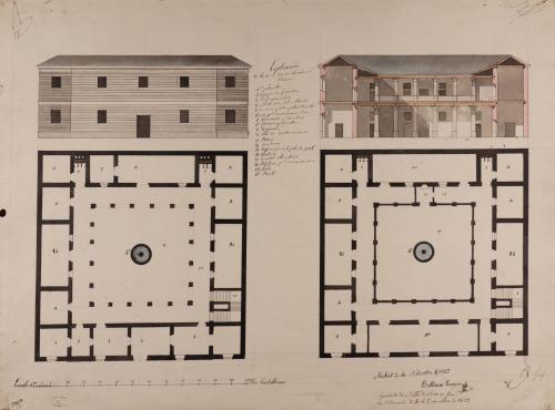 Plantas baja y alta, alzado de la fachada principal y sección transversal de una casa de reclusión o cárcel, para eclesiásticos de los principales del reino