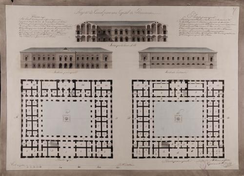 Plantas baja y principal, alzado de la fachada principal y lateral, y sección AB de una cárcel para una capital de provincia