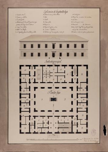 Planta baja y alzado de la fachada principal de una casa de corrección de mujeres en la provincia de Vizcaya