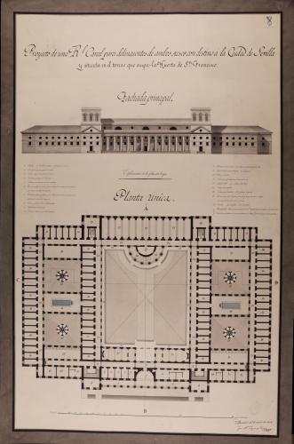 Planta y alzado de la fachada principal de una real cárcel para delincuentes de ambos sexos, con destino a Sevilla y situada en el terreno que ocupaba la Huerta de San Francisco