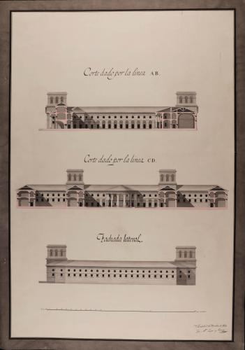 Alzado de la fachada lateral y las secciones AB y CD de una real cárcel para delincuentes de ambos sexos, con destino a Sevilla y situada en el terreno que ocupaba la Huerta de San Francisco