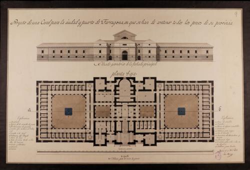 Planta baja y alzado de la fachada principal de una cárcel en la ciudad y puerto de Tarragona, para contener todos los presos de su provincia