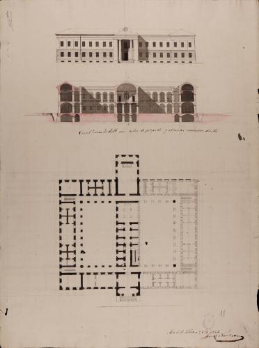 Planta, alzado de la fachada principal y sección de una cárcel incombustible con juzgado
