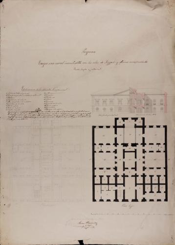 Plantas baja y principal, alzado de la mitad de la fachada principal y sección AB de una cárcel incombustible con juzgado