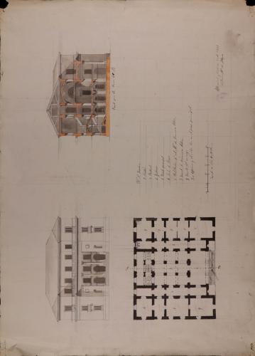 Planta, alzado de la fachada principal y sección AB de una casa consistorial para un pueblo de 250 vecinos, con cárcel y escuela de primeras letras