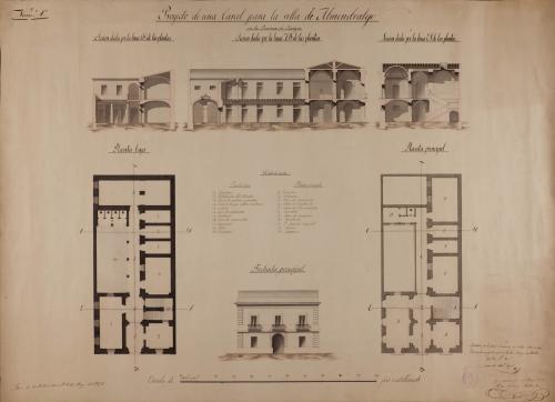 Plantas baja y principal, alzado de la fachada principal y secciones AB, CD y EF de una cárcel para la Villa de Almendralejo