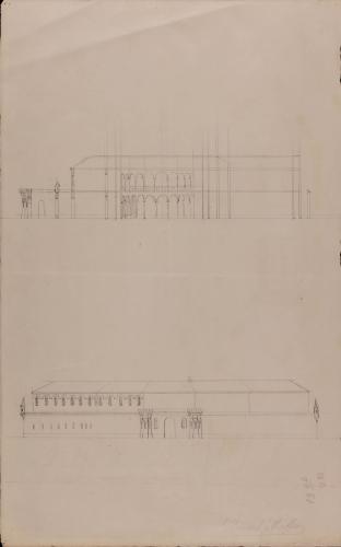 Croquis del alzado de la mitad de la fachada principal y sección de un correccional para 150 jóvenes