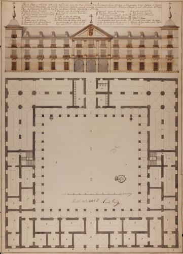 Planta baja y alzado de la fachada principal de una aduana