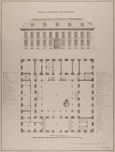 Planta baja y alzado de la fachada principal de una aduana. 