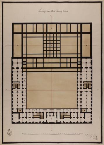 Planta de sótanos y cimientos de una casa de aduanas para un puerto de mar