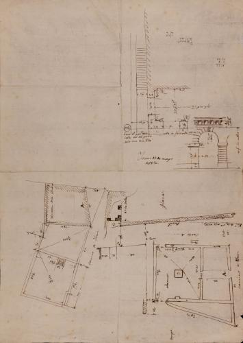 Apuntes de un plano topográfico, planta baja de la aduana y detalles del arco y cornisamento de una aduana en la plaza Constitucional de Irún