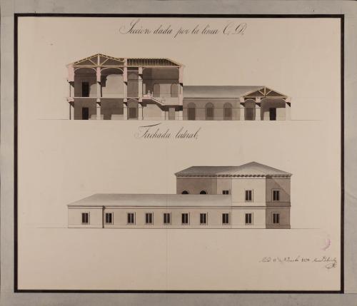 Alzado de la fachada lateral y sección CD de una aduana para Granada
