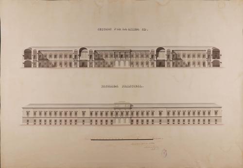 Alzado de la fachada principal y sección CD de una aduana para el puerto de San Sebastián