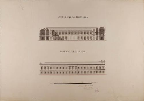 Alzado de la fachada lateral y sección AB de una aduana para el puerto de San Sebastián 