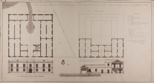 Plantas baja y principal, alzado de la fachada principal y sección de una aduana para el puerto de Cartagena. 