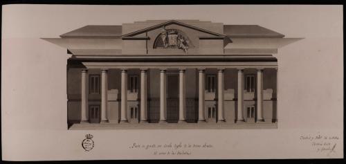 Alzado del cuerpo central de la fachada principal de un tribunal de comercio marítimo y terrestre