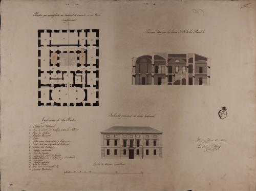 Planta, alzado de la fachada principal y sección AB de un tribunal de comercio