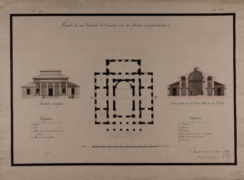 Planta, alzado de la fachada principal y sección AB de un tribunal de comercio