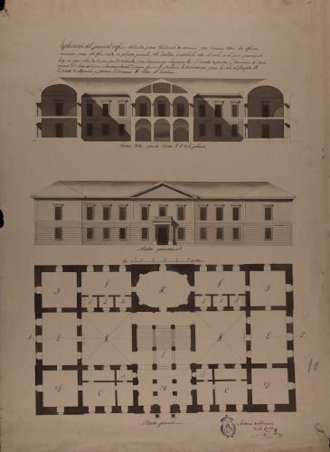 Planta, alzado de la fachada principal y sección 1-2 de un tribunal de comercio