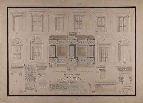 Planta de cubiertas y detalles de cornisas, orden corintio e intercolumnios de un tribunal consular, casa de bolsa y conservatorio de artes