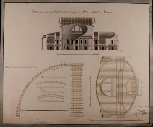 Sección CD, planta y sección del esqueleto que cubre la bóveda del salón y detalles del mismo de una Bolsa y tribunal de comercio