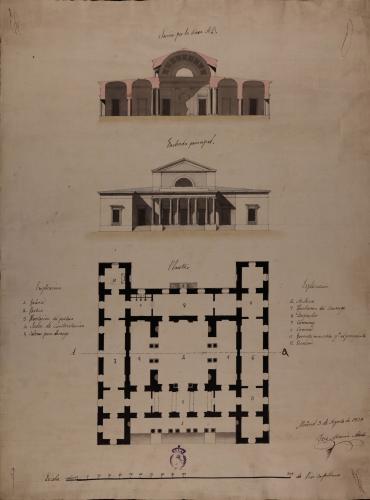 Planta, alzado de la fachada principal y sección AB de una casa de contratación