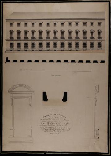 Planta y alzado de la fachada lateral, y detalles en grande de la planta, el alzado y la sección de la ventana principal del palacio del conde de Altamira