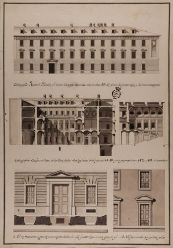 Alzado de la fachada principal de un fragmento en grande del cuarto bajo y principal; secciones AA.AB, EFG y HR de una casa palacio para un título, en un trapecio que haga esquina a dos calles