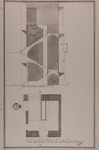 Sección EF de la escalera de una casa para un señor hacendado, con oficinas de labor