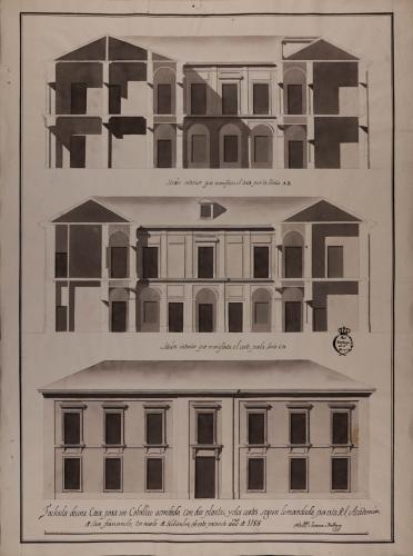 Alzado de la fachada principal y las secciones AB y CD de una casa para un caballero hacendado de cien pies en cuadrado