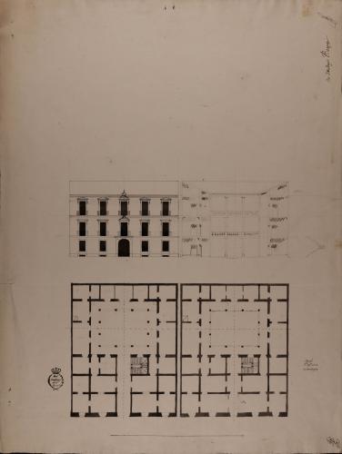 Plantas baja y alzado de la fachada principal y sección de una casa particular de arrendamiento según los usos de Madrid
