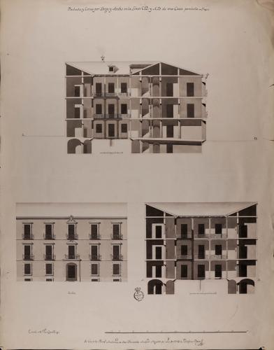Alzado de la fachada principal y las secciones AB y CD de una casa particular de arrendamiento según los usos de Madrid