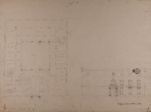 Planta y alzado de la fachada principal de una gran casa para un señor