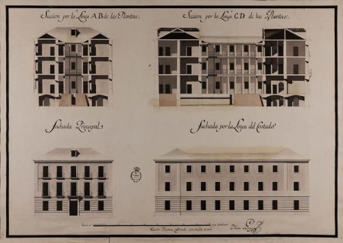 Alzado de las fachadas principal y lateral, y las secciones AB y CD de una casa de arrendamiento para Madrid