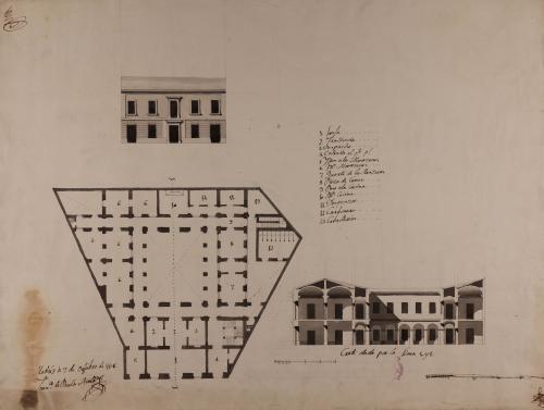 Planta, alzado de la fachada principal y sección 1-1 de una lonja