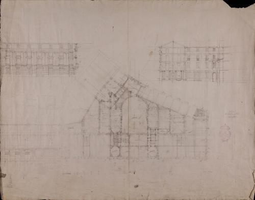 Apuntes de la planta, del alzado de las fachadas principal y lateral, y sección de la casa que intenta construir la marquesa de la Vilueña en el centro de Burgos