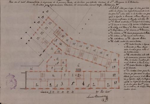 Planta primera de las casas que intenta construir la marquesa de la Vilueña en el centro de Burgos