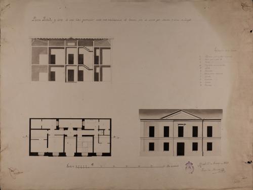 Planta, alzado de la fachada principal y sección AD de una casa particular entre tres medianerías