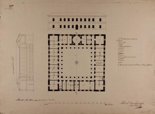 Planta, alzado de la fachada principal y sección AB de una casa de reclusión o cárcel, para eclesiásticos de los principales del reino